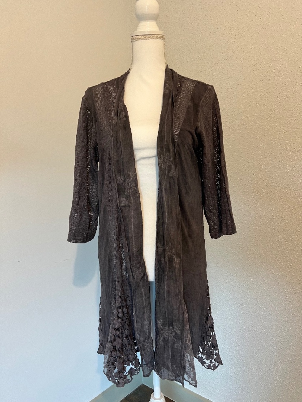 Boho Deep Plum Purple Lace Crochet Long Cardigan Duster